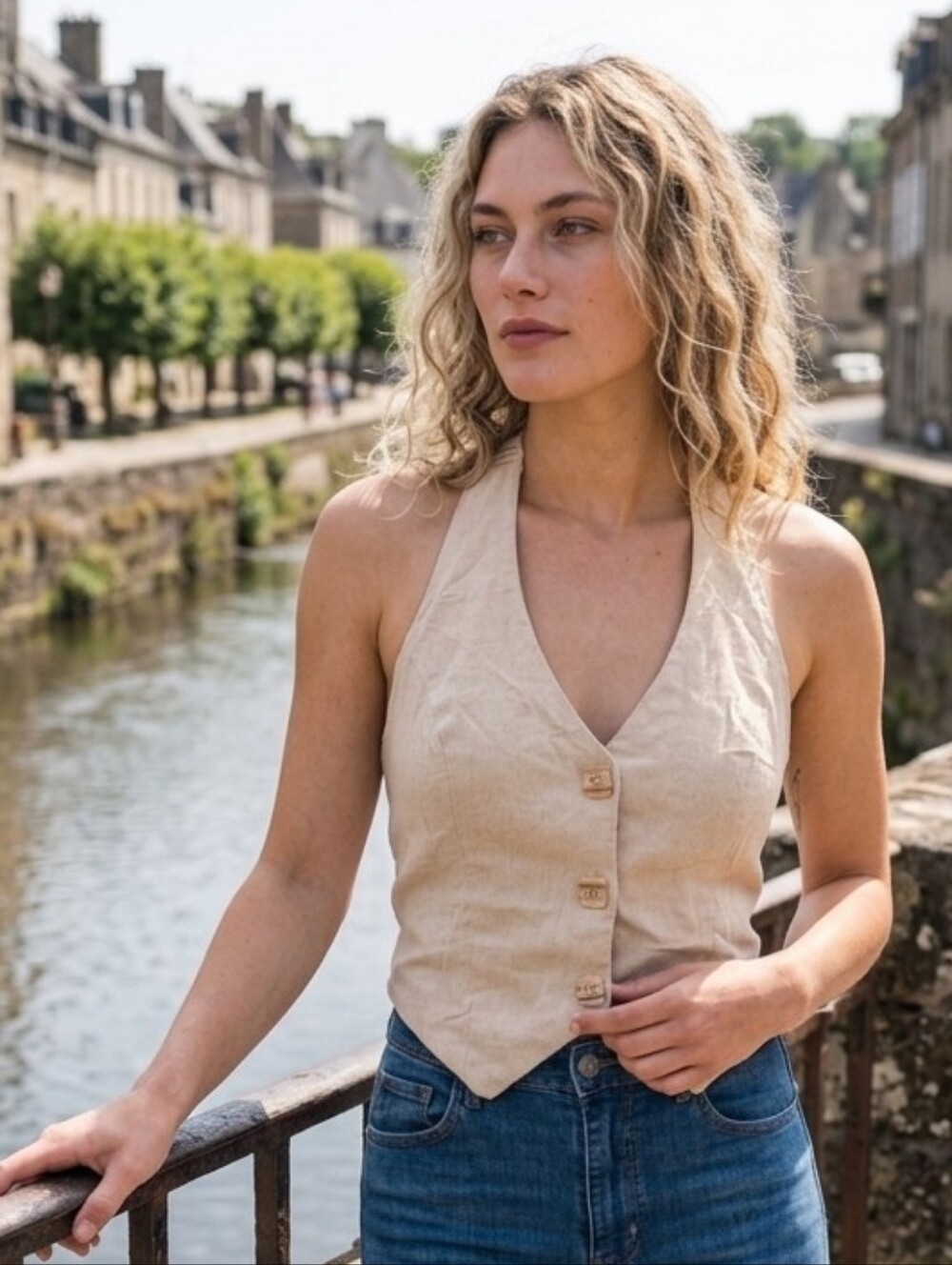 Crop Halter Vest Top in Beige